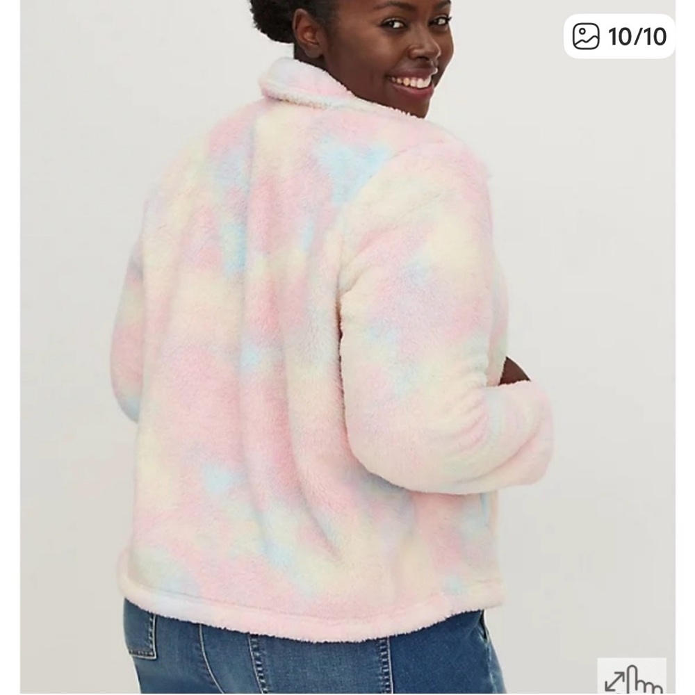 Nearly new! Torrid size 1 (1X) Pastel Rainbow Tie Dye Teddy Sherpa Zip Up Jacket - Picture 4 of 11